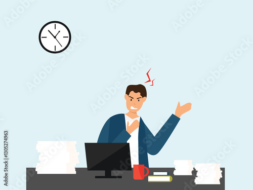 Angry, frustrated businessman or office employe working at office on computer. Office worker tired of work and screaming. Tired employee with mental burnout. cartoor, vector and illustration.