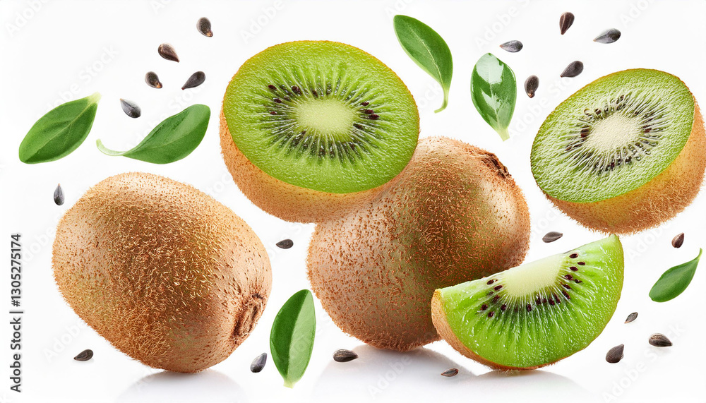 Fototapeta premium fresh ripe kiwi green fruit whole and slices with drops and seeds falling flying isolated on white