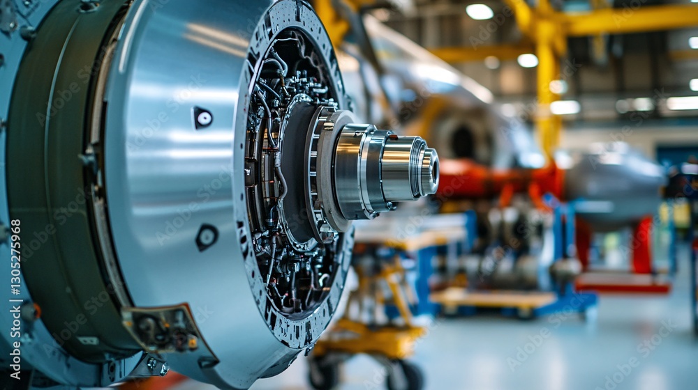 Fototapeta premium Close-Up View of Turbine Engine in Aircraft Manufacturing Facility