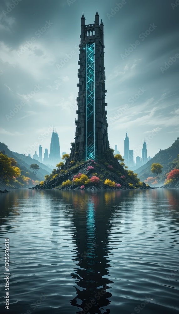 Futuristic Tower on Island Lake Modern Cityscape Fantasy Architecture Design Futuristic Tower on Island Lake Modern Cityscape Fantasy Architecture Design