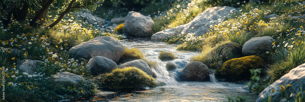 Fresh spring creek with mossy stones reflecting a vibrant forest Fresh spring creek with mossy stones reflecting a vibrant forest