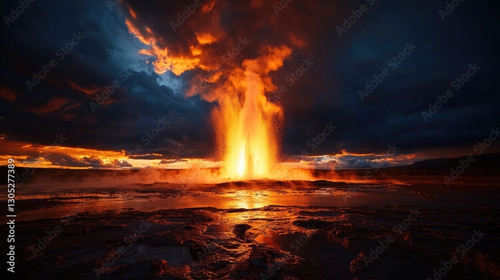Fototapeta premium Erupting Geyser Against Dramatic Sunset Sky in Vibrant Colors