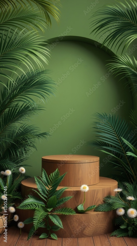 Elegant Botanical Podium Display: Minimalist Product Showcase in Lush Green Tropical Palm Setting
Elegant Botanical Podium Display: Minimalist Product Showcase in Lush Green Tropical Palm Setting