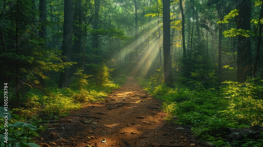 Fototapeta premium Sunlit Forest Path Morning Mist, Hiking Trail