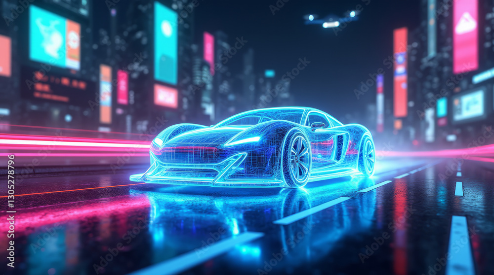Glowing Translucent Sports Car Floating Above a Neon Highway Glowing Translucent Sports Car Floating Above a Neon Highway