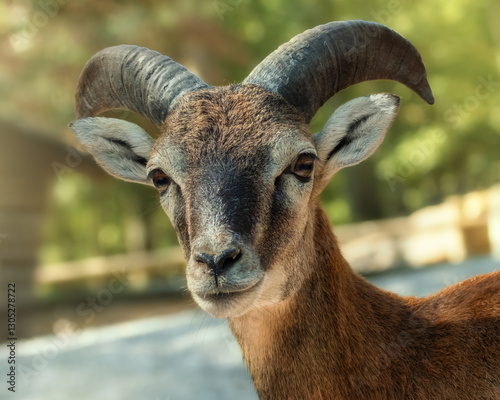 Closeup portrait of a young male European mouflon
