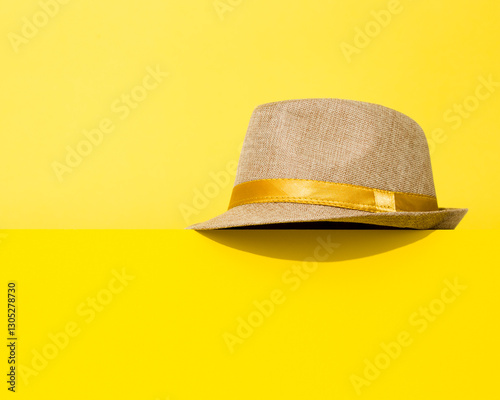 Yellow brimmed hat on yellow. 