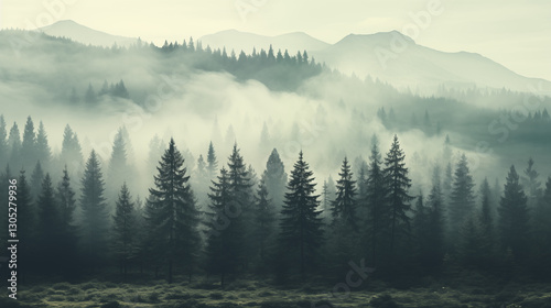 Misty Forest with Silhouettes of Firs Against Mountain Peaks