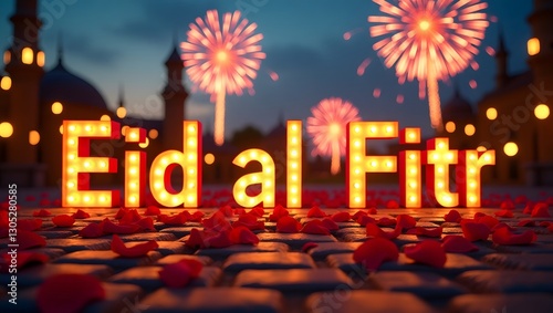 Eid Mubarak neon typography. AI generated.