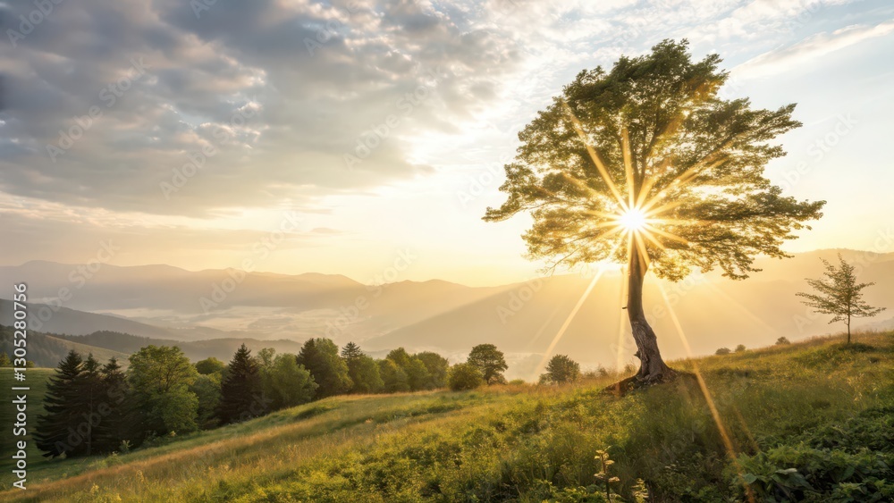 Obraz premium Sunburst Through Tree on Hillside