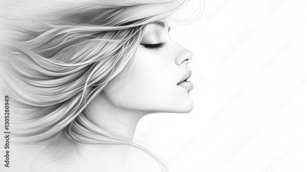 Striking portrait of a woman with long, flowing hair against white backdrop