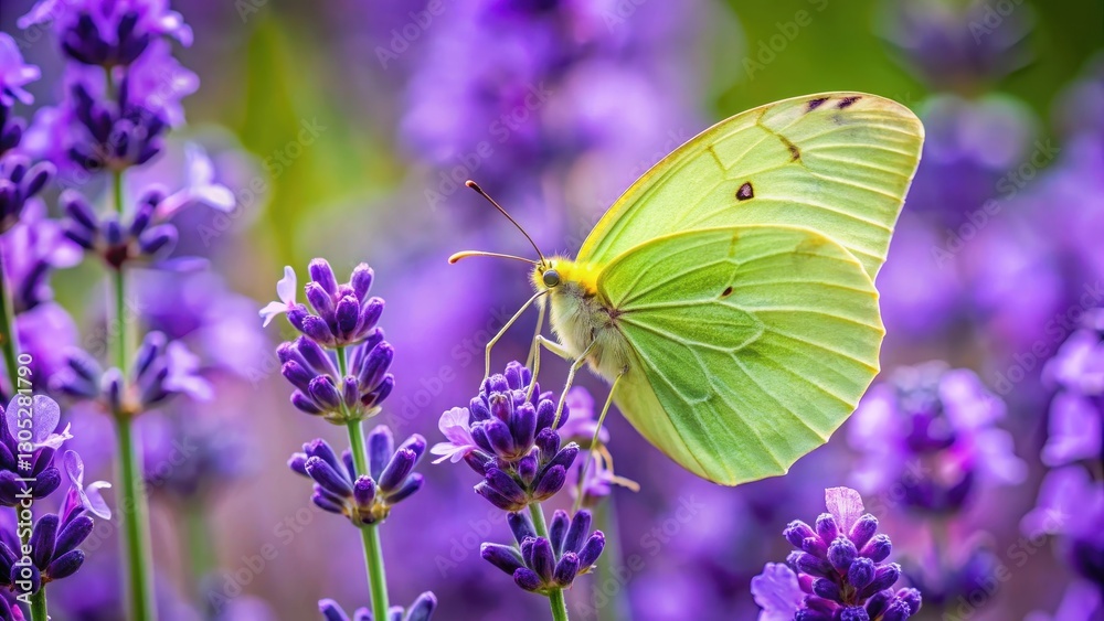 Naklejka premium A beautiful butterfly Gonepteryx rhamni albatrosses its delicate proboscis into the purple trumpet-shaped flowers of a lavender plant in full bloom , insect, lavender flower