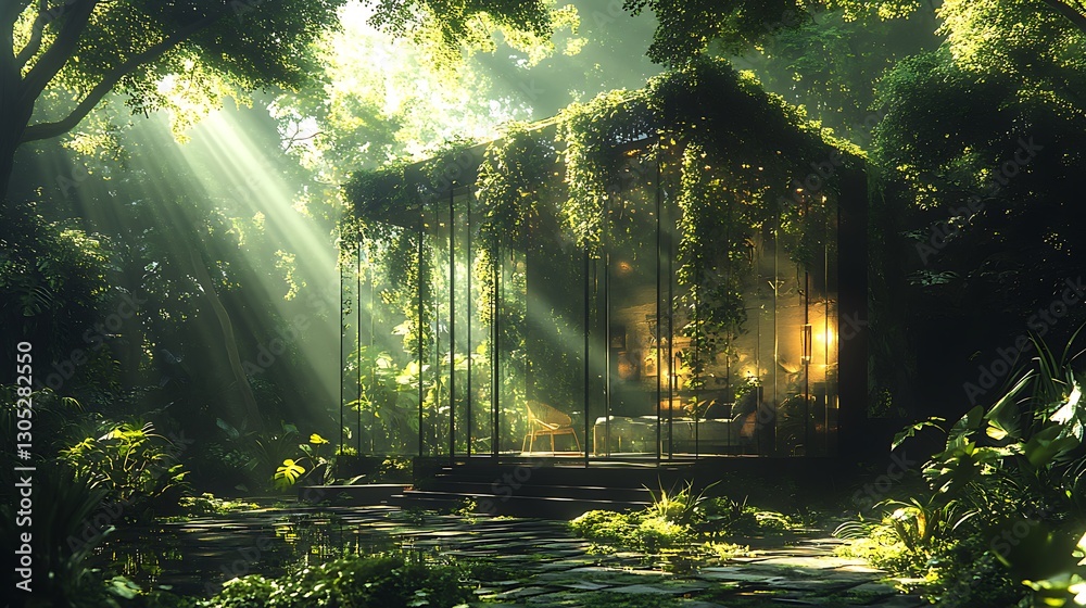 Naklejka premium House made entirely of glass nestled in a tropical jungle with vines growing on the walls and sunlight filtering through the trees ultra realistic 32k full ultra HD high resolution