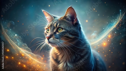 Feline mystique, glowing whiskers, shimmering coat, mystical cat, ethereal beauty