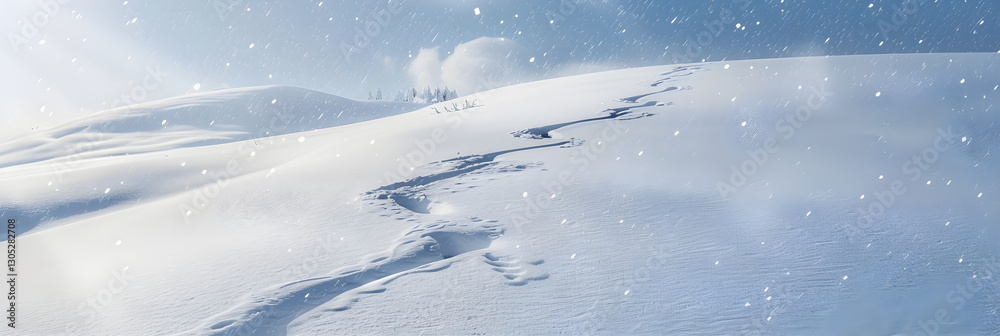 Snow-Covered Hill with Footprints Leading to a Recent Slip in a Peaceful Winter Scene Snow-Covered Hill with Footprints Leading to a Recent Slip in a Peaceful Winter Scene