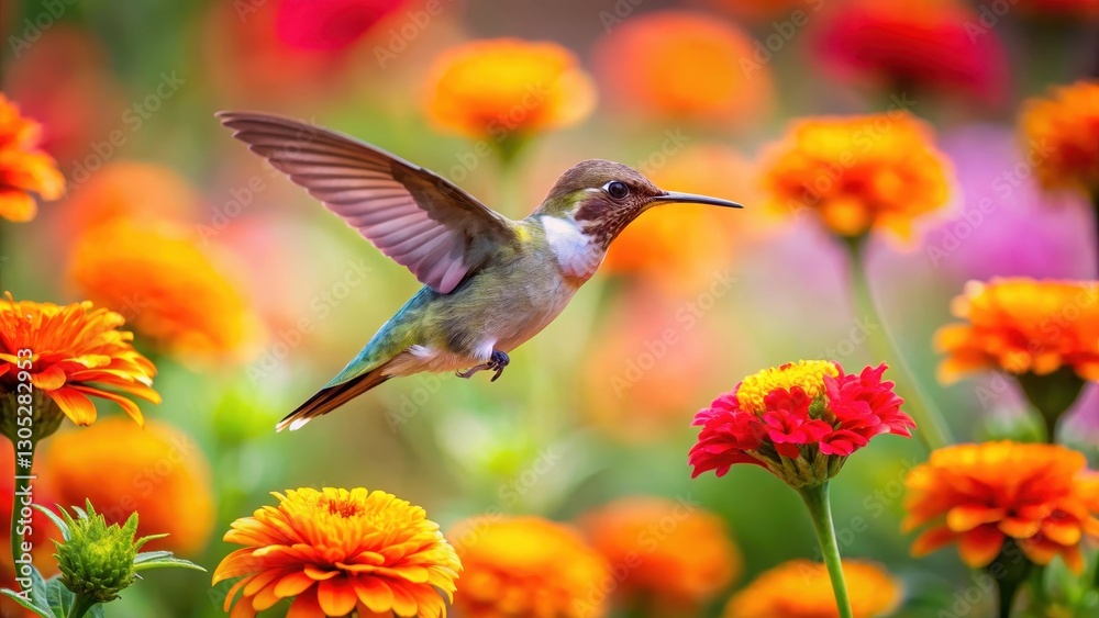 Naklejka premium hummingbird hovering over orange flower amidst colorful blooms , orange blossom