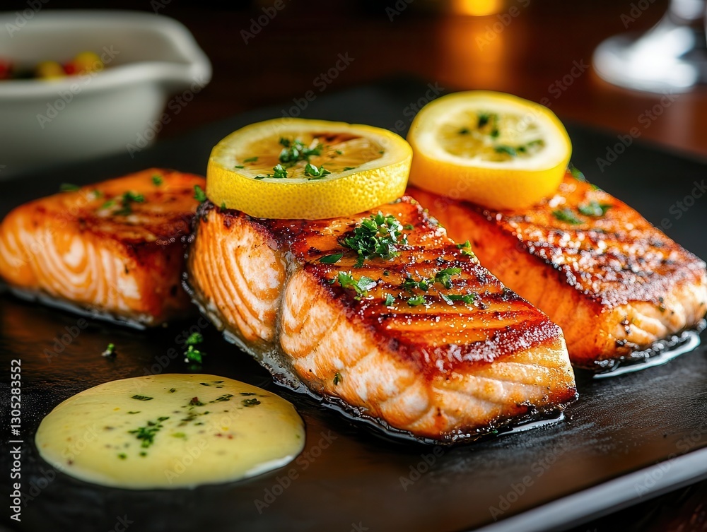 Grilled Salmon Fillets with Lemon Slices and Herb Garnish on Plate