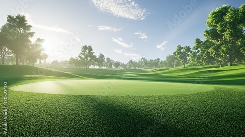 Obraz na płótnie Vibrant golf course with lush rolling hills, blue sky, and perfect fairway. Ideal for sports, outdoor recreation, and golfing. w salonie