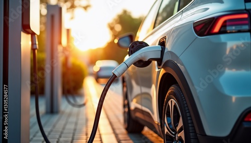 Close-up of an electric car charging at a station during sunset with soft golden light for sustainable mobility and renewable energy concepts