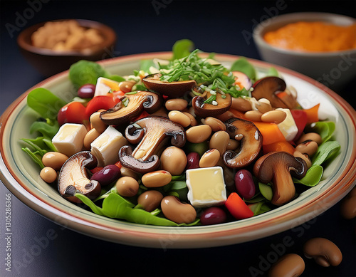 shiitake mushrooms cheese and beans salad ai generated photo