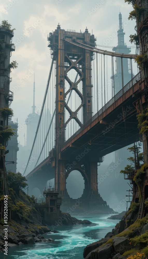Obraz premium Futuristic Cityscape Overgrown Bridge and River in a Post Apocalyptic Setting