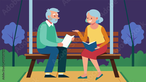 Two seniors sitting on a porch swing taking turns reciting famous quotes and trying to guess the author.. Vector illustration