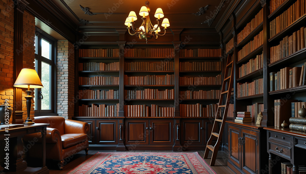 Classic library interior with wooden bookshelves and comfortable seating