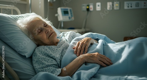 Elderly Woman Resting Peacefully in Hospital Bed with Soft Blue Blanket