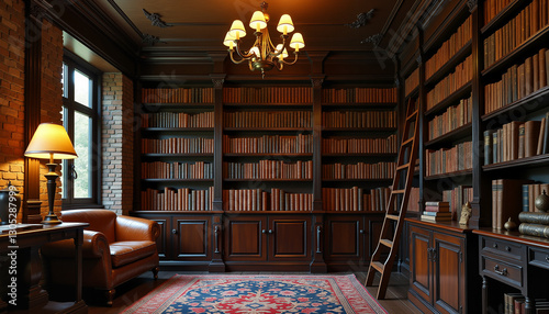 Obraz na płótnie Classic library interior with wooden bookshelves and comfortable seating w salonie