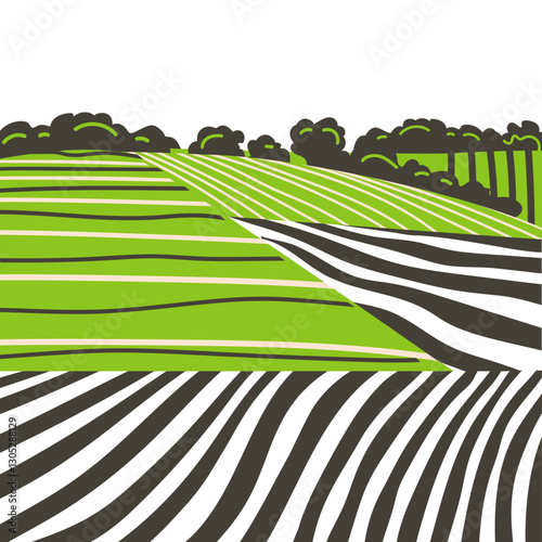 Green grass field on small hills. Meadow, alkali, lye, grassland, pommel, lea, pasturage, farm. Rural scenery landscape panorama of countryside pastures. Vector sketch line illustration