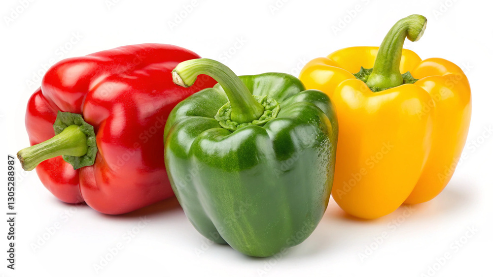 A close-up of three colorful bell peppers, emphasizing their glossy surface, natural ripeness, and appeal in culinary settings A close-up of three colorful bell peppers, emphasizing their glossy surface, natural ripeness, and appeal in culinary settings