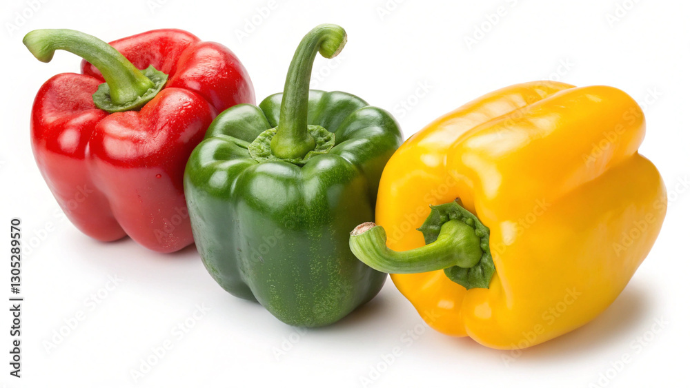 Ripe red, green, and yellow bell peppers, neatly arranged, representing natural produce and organic food photography Ripe red, green, and yellow bell peppers, neatly arranged, representing natural produce and organic food photography
