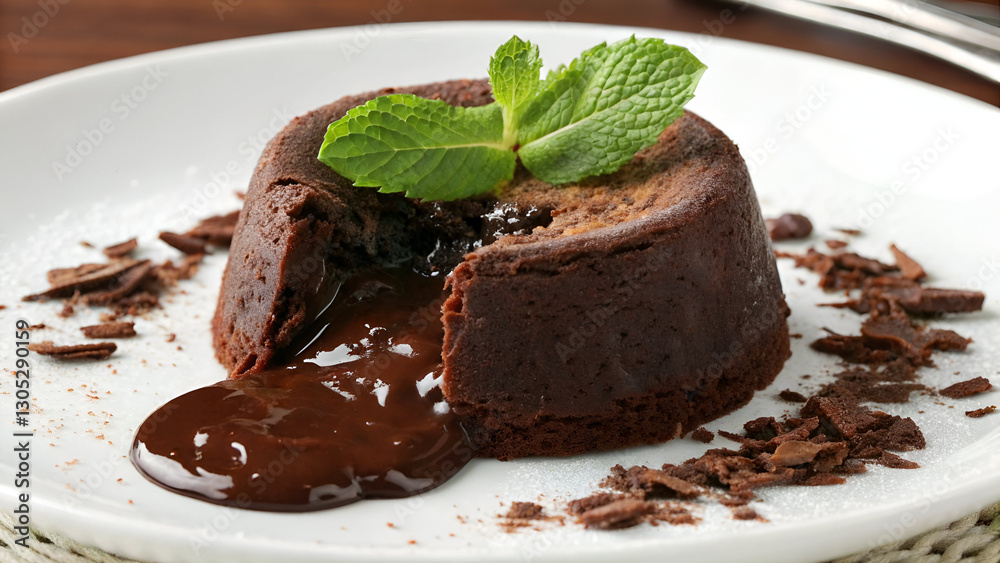 A rich and decadent chocolate lava cake with a molten chocolate center and a fresh mint garnish. A rich and decadent chocolate lava cake with a molten chocolate center and a fresh mint garnish.