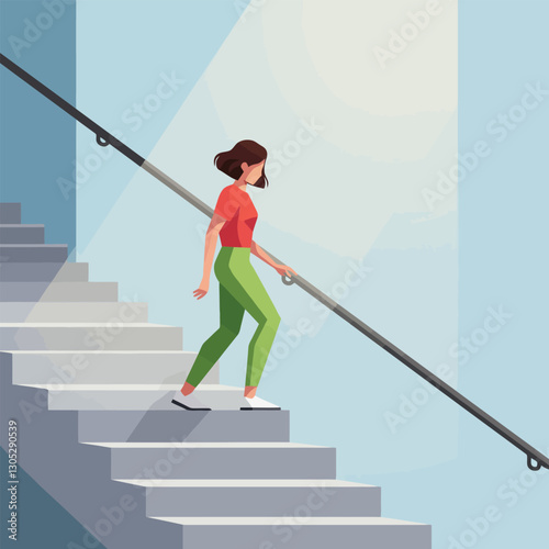 Person Walking Down Stairs Holding Handrail in Brightly Lit Area