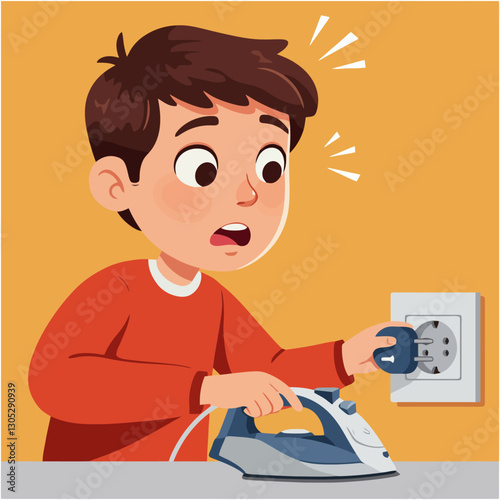 Boy Plugging Iron to Socket Expressing Surprise at Possible Shock