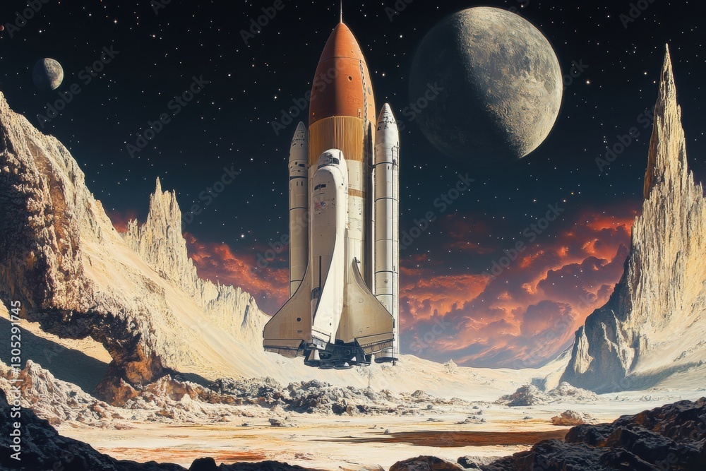 Naklejka premium Rocket Launch in a Cosmic Landscape