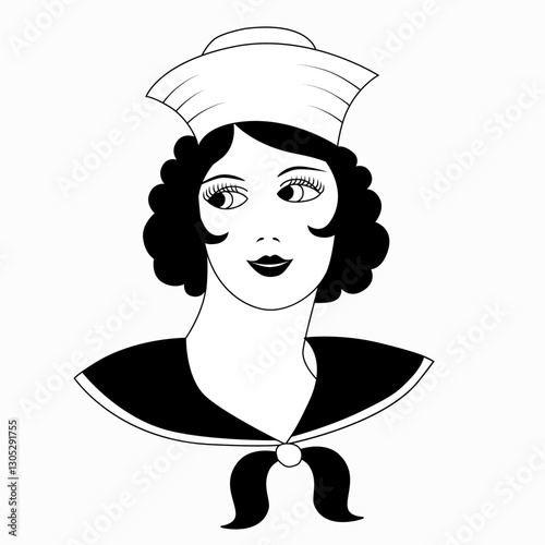 Vintage Female Sailor Portrait in American Traditional Old School Tattoo Style with Nautical Theme