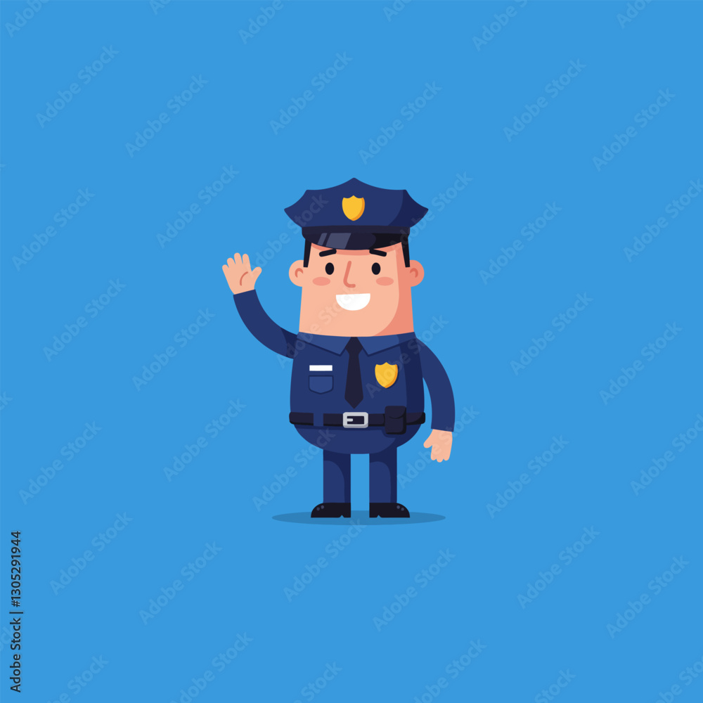 Cartoon Officer Waving Friendly Greeting Against a Solid Blue Background