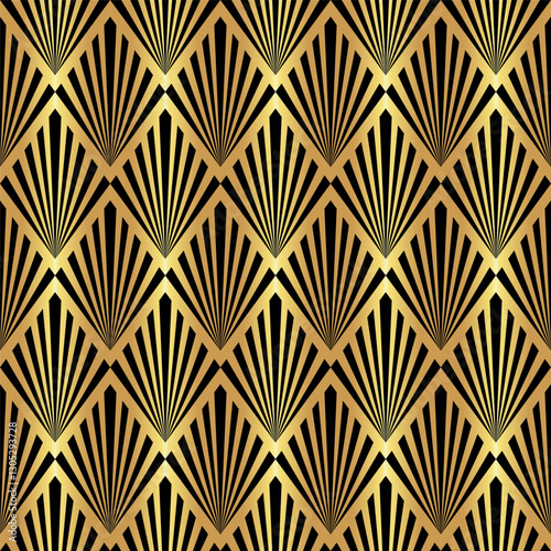 Gold Art Deco black fans vector seamless pattern, golden vintage style luxury fan geometrics background.