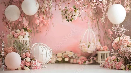 Pink Floral Backdrop for Photoshoot: Elegant, Romantic Setting with Balloons and Flowers