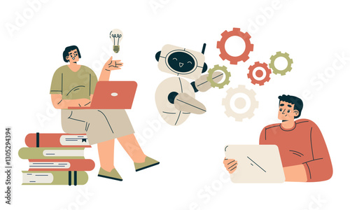 Artificial Intelligence Technology with People Character Interacting with Smart Bot Vector Set