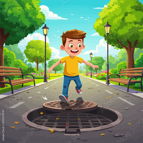 Boy Balancing on Manhole Cover in Park - Childhood Adventure Scene