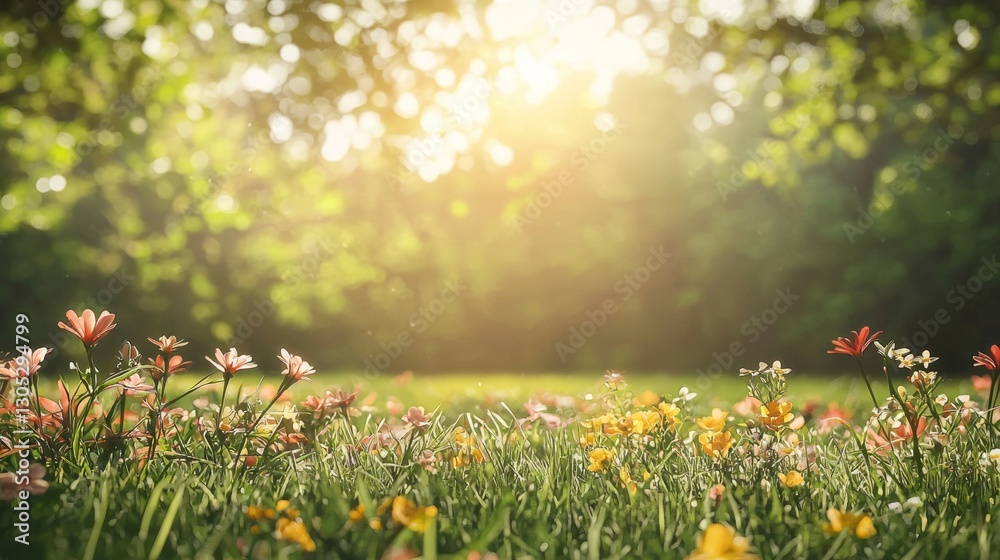 Fototapeta premium Sunlit Meadow: A Serene Springtime Bloom