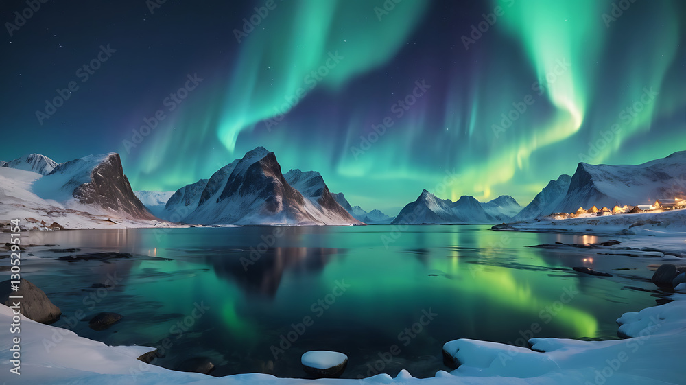 Naklejka premium Northern Lights over the sea, snowy mountains at starry winter night. Aurora borealis in Lofoten islands, Norway. Sky with polar lights. Landscape with aurora, beach, sky, reflection in water. Space