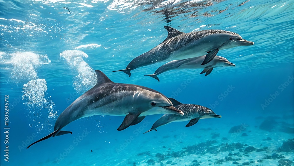 Fototapeta premium A Playful Pod of Dolphins Underwater Swimming Joyfully Through the Clear Blue Water