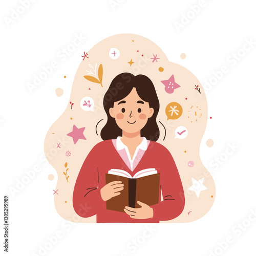 Happy young woman reading a book with decorative elements