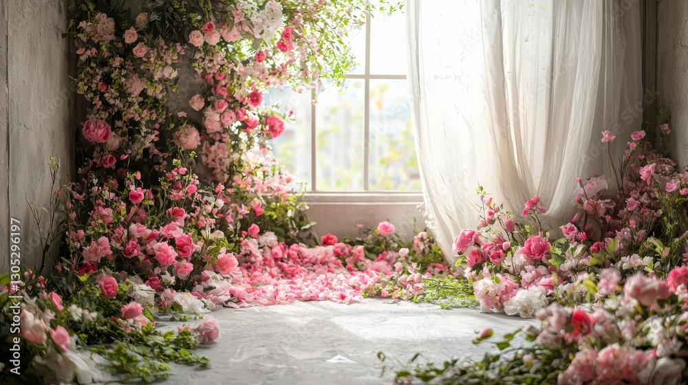 Fototapeta premium Floral Paradise: A Room Overflowing with Delicate Pink Blossoms