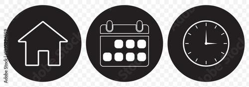 Date, Time, Address or Place Icons Symbol. Time, date and address icon isolated set. Event elements. Clock, calendar and map icon vector illustration on Transparent background. EPS 10.