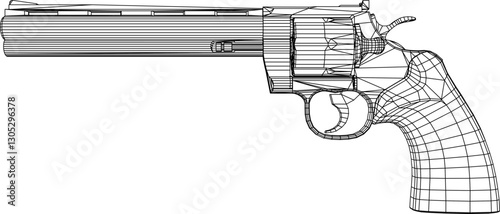 Wireframe model of a revolver showcasing detailed mesh and structure. Ideal for 3D modeling, game design, technical illustrations, and weapon-themed digital art projects
