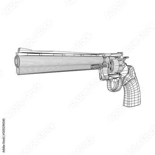 Wireframe 3D model of a revolver with detailed geometry and perspective view. Ideal for digital art, design, game development, and conceptual illustrations